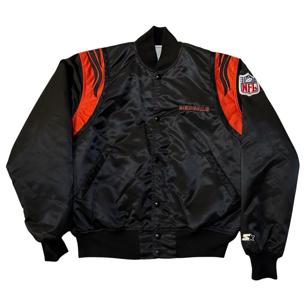 Vintage 90s Cincinnati Bengals Starter Satin Bomber Jacket Made in USA Black L